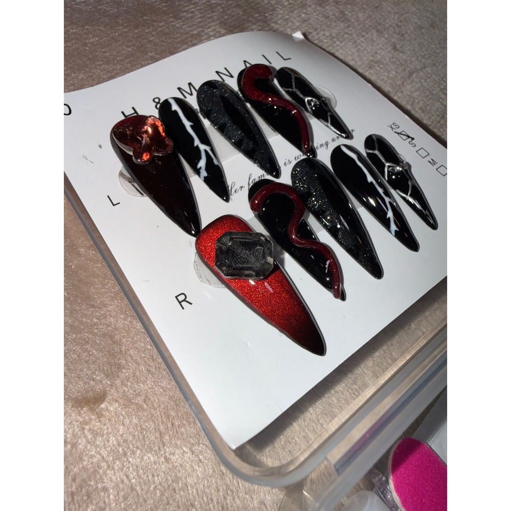 Custom Extra Small Cat Claw Press On Nails Red Black Gothic Snake 3D‎ Stiletto